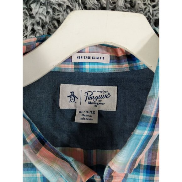 ORIGINAL PENGUIN Heritage Slim Plaid Button-Down Mens SZ XL Pastel Short Sleeve - Picture 4 of 8